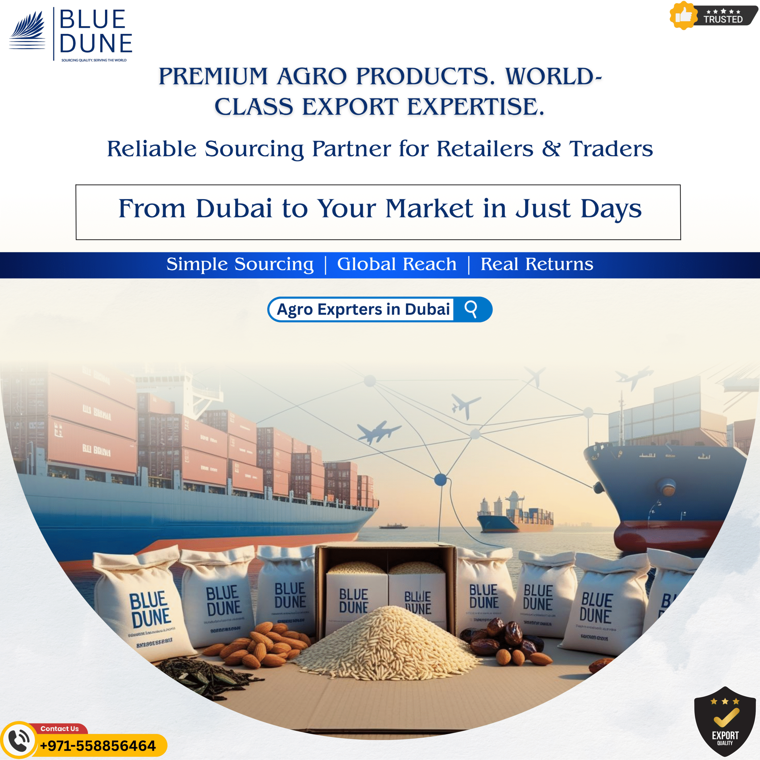 Blue Dune UAE – Agro Exporters in Dubai delivering verified quality, compliant documentation, and reliable global shipments.